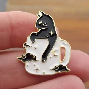 Black Cat Enamel Pin, cat in a mug with moon, stars and clouds